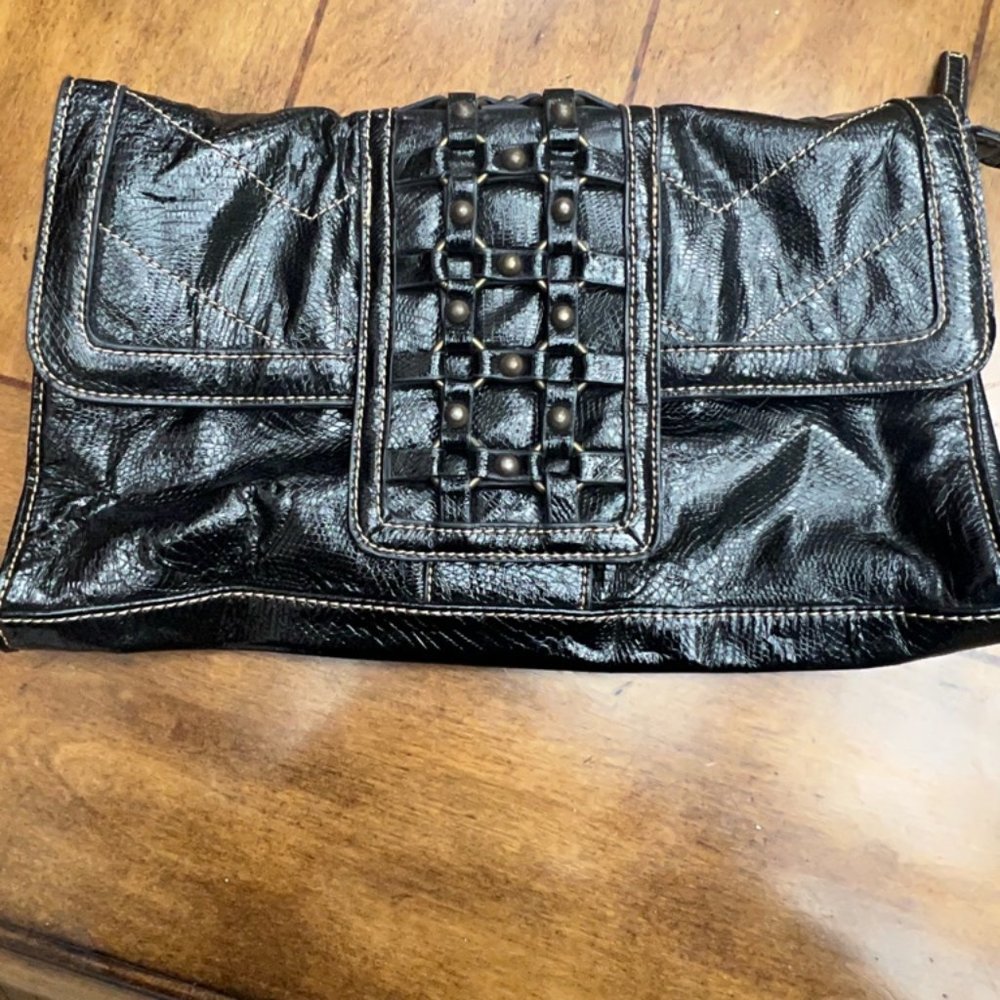 Foldover Black Leather Clutch